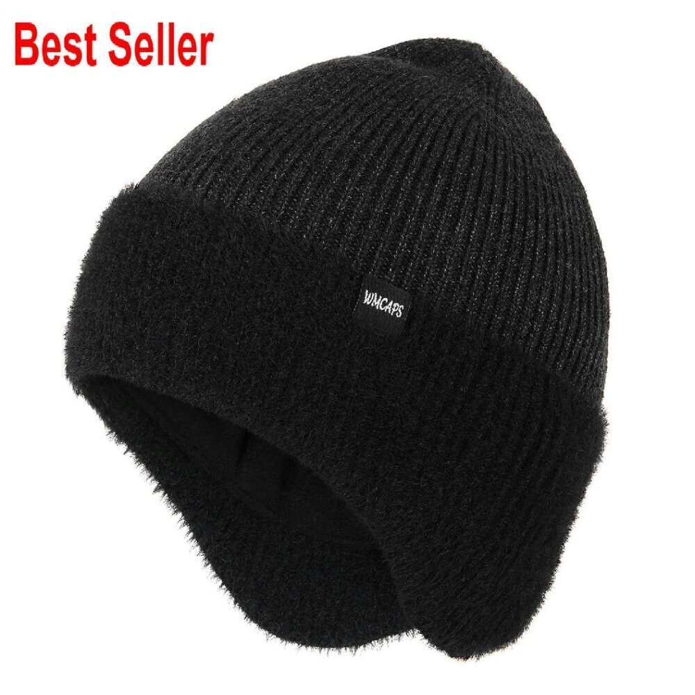 Winter Fleece Lined Beanie with Earflaps Unisex Thermal Knitted Hat Cozy